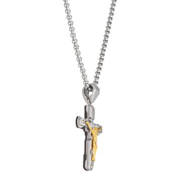 Tri-Tone Stainless Steel Diamond Crucifix Cross