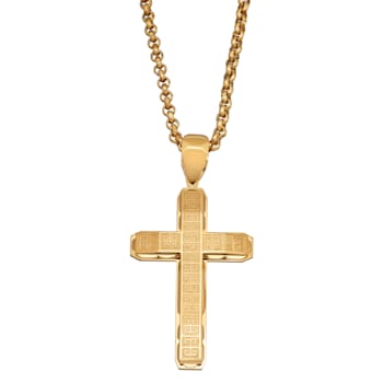 Stainless Steel With Yellow IP Cross Pendant with Rolo Chain