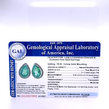 3.01Cts Colombian Emerald , 0.26cw diamond, crafted in 18K Yellow Gold Earrings.