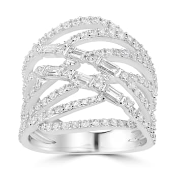 GEMistry Baguette & Round White CZ Crossover Ring, Sterling Silver