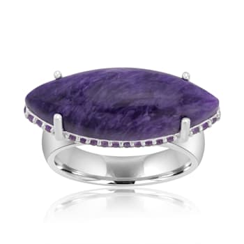 Bold Charoite Marquise Cabochon Gemstone High Polish Ring in Sterling Silver
