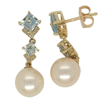 14K Yellow Gold Diamond,Aquamarine and Freshwater Pearl Drop Earrings