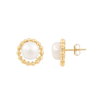 10K Yellow Gold White Fresh Water Pearl Earrings