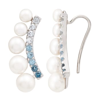 Sterling Silver Button White Pearl and Blue Topaz Curved Bar Earrings