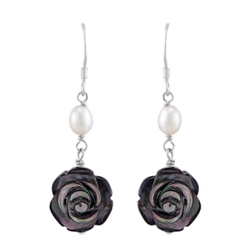 Sterling Silver Black Mother of Pearl and Oval Pearl Flower Drop Earrings