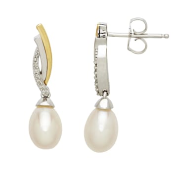 Sterling Silver and 14K Yellow Gold Diamond and Freshwater Pearl Earrings