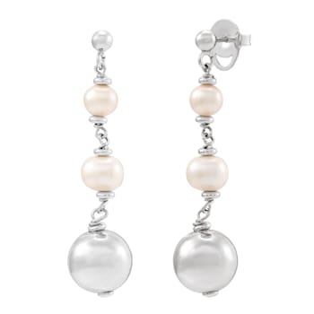 Sterling Silver White Round Pearl and Large Bead Drop Earrings