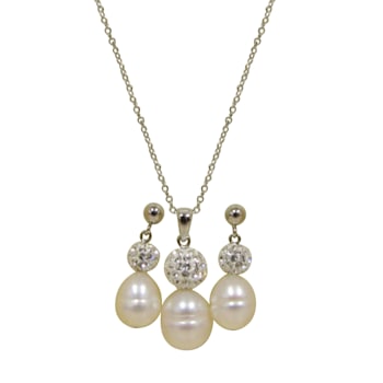 Sterling Silver White Freshwater Pearl and Crystal Ball Pendant and
Earrings Set
