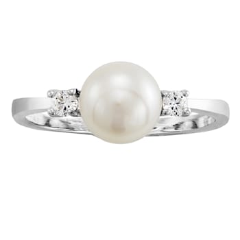 Sterling Silver White Button Pearl and Created White Sapphire Ring