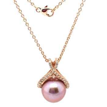 14K Pink Gold 1/3cttw Diamond and Natural Ming Pearl Pendant with
18" Cable Chain