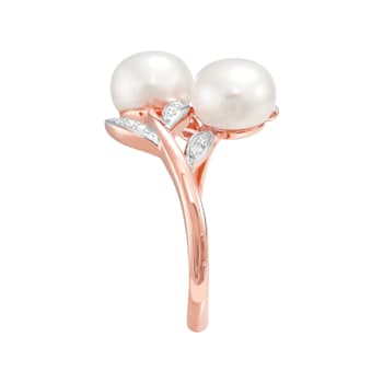 10K Pink Gold White Button Freshwater Pearl and White Topaz Ring