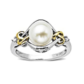 Sterling Silver and 14K Yellow Gold Diamond and Fresh Water Pearl Ring