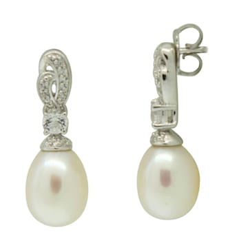 Sterling Silver White Fresh Water Pearl and White Cubic Zirconia Earrings