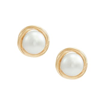 10K Yellow Gold White Fresh Water Pearl Stud Earrings