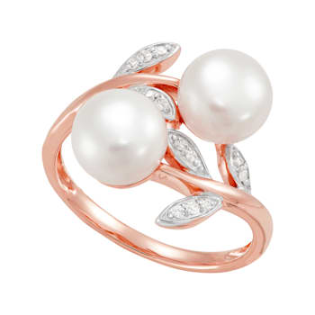 10K Pink Gold White Button Freshwater Pearl and White Topaz Ring