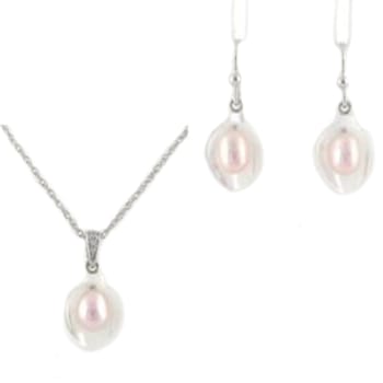 Sterling Silver Pink Fresh Water Pearl , MOP and White Cubic Zirconia
Pendant and Earrings Set