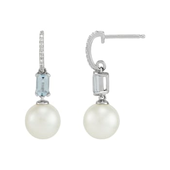 14K White Gold Diamond,Fresh Water Pearl and Aquamarine Drop Earrings