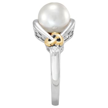 Sterling Silver and 14K Yellow Gold Diamond and Fresh Water Pearl Ring
