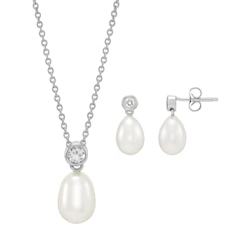 Sterling Silver Oval and White Topaz Earrings and Pendant Set