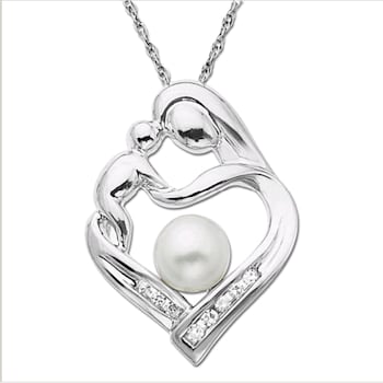 Sterling Silver Round White Pearl and Diamond Mother and Child Pendant