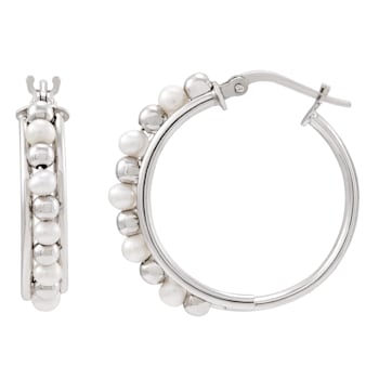 Sterling Silver Alternate Round White Pearl  and Plain Bead Hoop