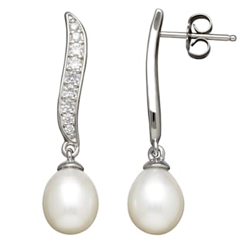 Sterling Silver /3K White gold White Fresh Water Pearl and Created White
Sapphire Earrings