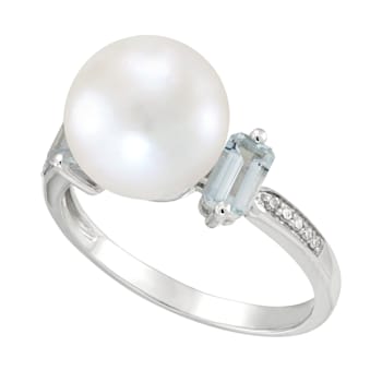14K White Gold Diamond,Freshwater Pearl and Aquamarine Ring