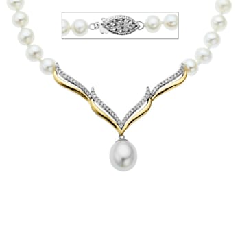 14K Yellow Gold and Sterling Silver Diamond and Fresh Water Pearl Necklace