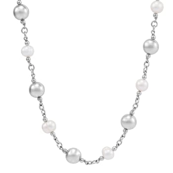 Sterling Silver Alternate White Round Fresh Water Pearl and Plain Bead Necklace