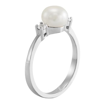 Sterling Silver White Button Pearl and Created White Sapphire Ring