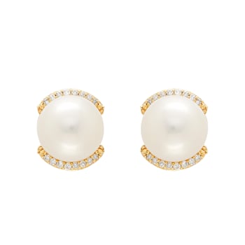 10K Yellow Gold Diamond and White Fresh Water Pearl Earrings
