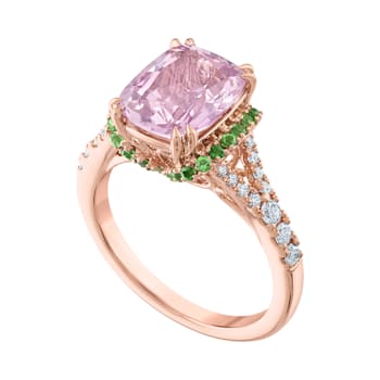18KP 1/4 CTW Diamond Engagement Ring With 3 CTW Center Cushion Spinel
& 1 1/3 CTW Round Garnet