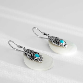 Mother-of-Pearl, Sleeping Beauty Turquoise, Artisan Balinese Sterling
Silver Earrings
