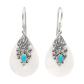 Mother-of-Pearl, Sleeping Beauty Turquoise, Artisan Balinese Sterling
Silver Earrings