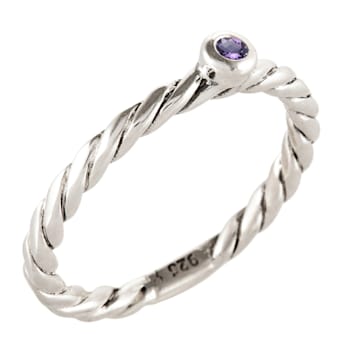 Rhodium over Sterling Silver Round Amethyst Solitaire Braided Ring