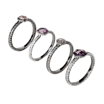 Rhodium over Sterling Silver Set of 4 Stackable Solitaire Rings