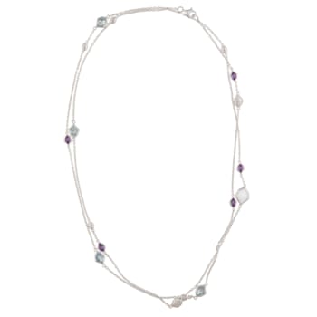 Rhodium over Sterling Silver Prasiolite, Amethyst and Crystal Station Necklace