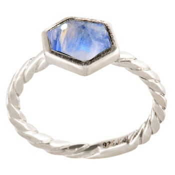 Rhodium over Sterling Silver Hexagon Moonstone Solitaire Braided Ring