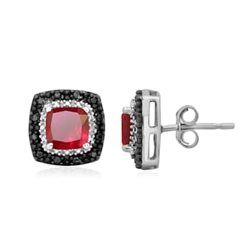 Sterling Silver 6 MM Cushion Ruby and  Treated Black and White Round
Diamond Halo Stud Earrings
