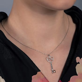 Jewelili Sterling Silver and 10K Rose Gold Diamond "Mom" Heart
Key Pendant, 18" Rope Chain