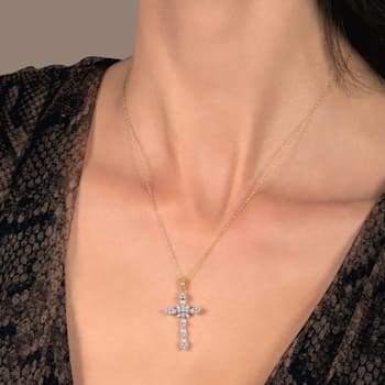 Jewelili 10K Yellow Gold 1/2ctw White Round and Baguette Diamond Cross
Pendant with Rope Chain