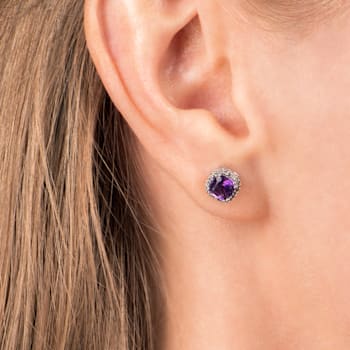 10K White Gold 5x5 MM Cushion Amethyst and 1/10 Ctw Natural White Round
Diamond Stud Earrings