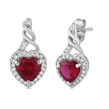 Jewelili Sterling Silver 6 MM Heart Created Ruby and Created White
Sapphire Dangle Earrings