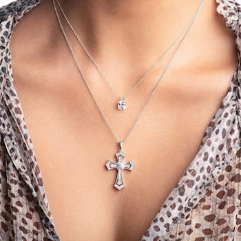 Jewelili Sterling Silver 1/5ctw White Diamond Cross Pendant with Rolo Chain