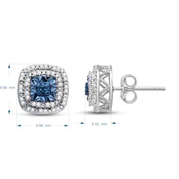 Treated Blue and White Diamond Sterling Silver Cushion Earrings  0.25CTW