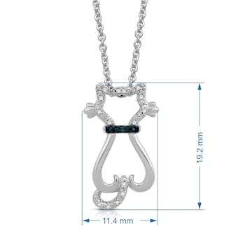 Sterling Silver Blue and White Diamond Cat Pendant, 18" Rolo Chain