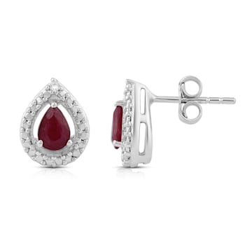 Jewelili Sterling Silver 4X3mm Pear Ruby and Round Diamond Teardrop Stud Earrings