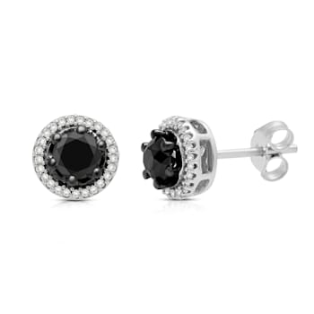 Sterling Silver 1 Cttw Treated Black and Natural White Round Diamond
Halo Stud Earrings
