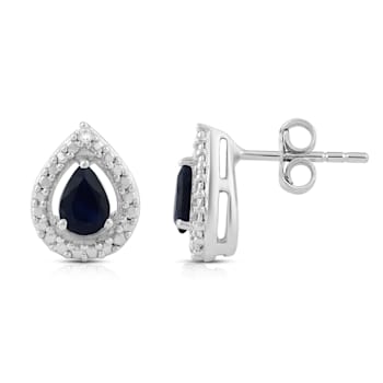 Jewelili Sterling Silver 4X3 MM Pear Blue Sapphire and Round Diamond
Teardrop Stud Earrings