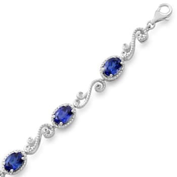 Created Blue Sapphire and Natural White Diamond Sterling Silver Bracelet